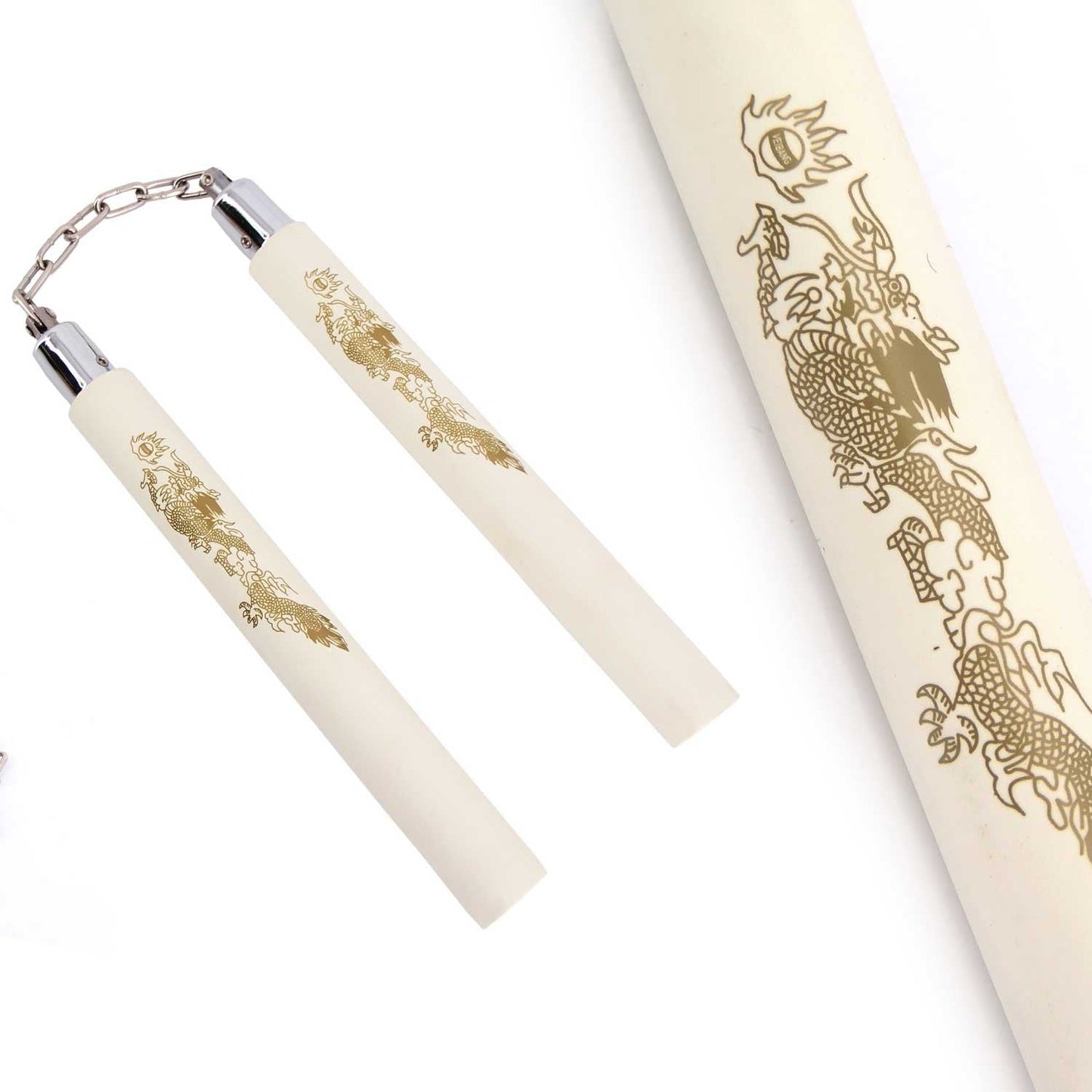 White Dragon Foam Padded Nunchaku with Steel Swivel Chain