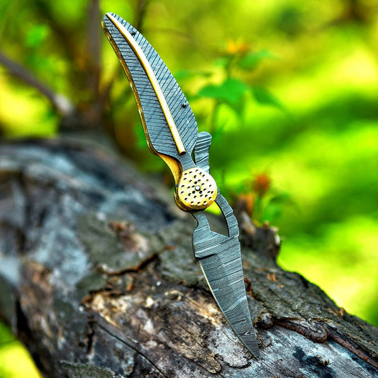 8.5" Leaf Style Damascus Steel Custom Handmade Folding Knife