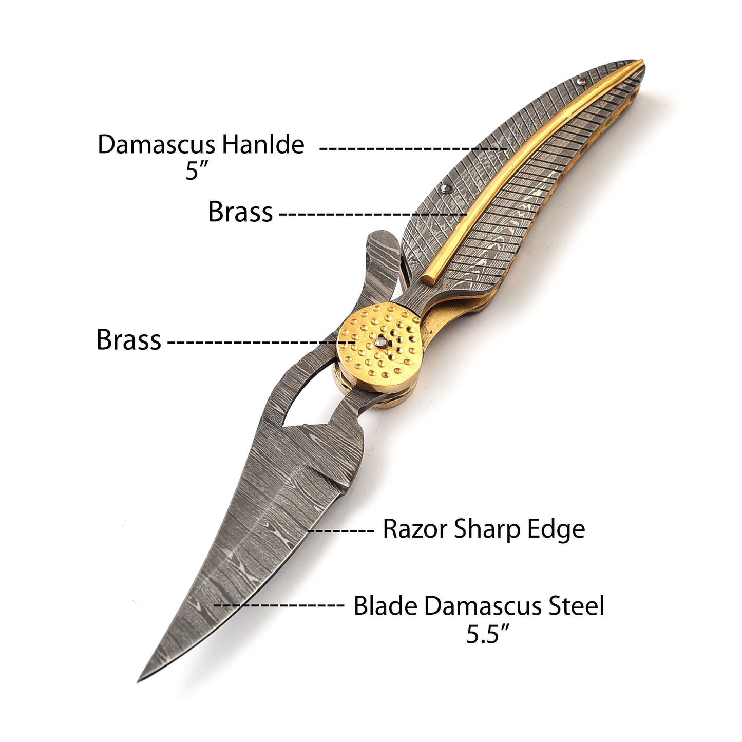 8.5" Leaf Style Damascus Steel Custom Handmade Folding Knife