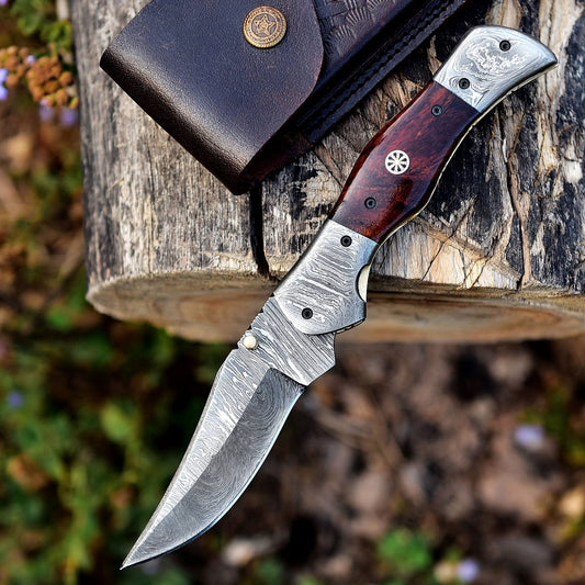 9" Damascus Steel Custom Handmade Folding Pocket Knife