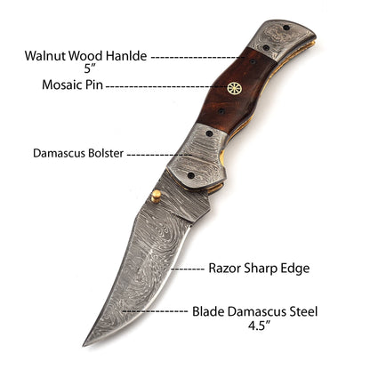9" Damascus Steel Custom Handmade Folding Pocket Knife