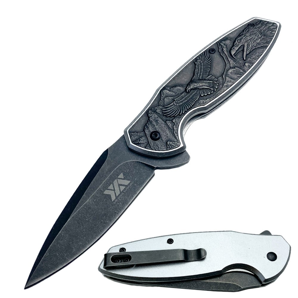 8" American Bald Eagle Spring Assisted Folding Pocket Knife Silver
