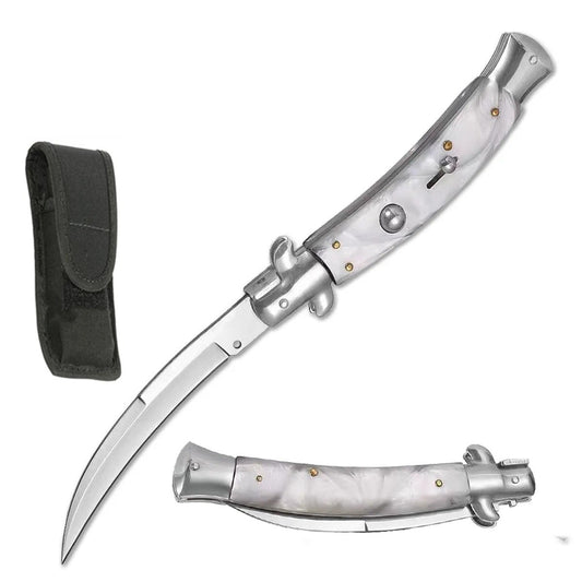 9.75" White Pearl Handle Italian Stiletto Switch Curved Blade Pocket Knife