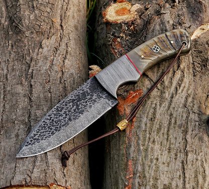 Custom Handmade Hammered Damascus Steel Hunting Skinning Knife