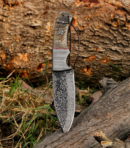 Custom Handmade Hammered Damascus Steel Hunting Skinning Knife