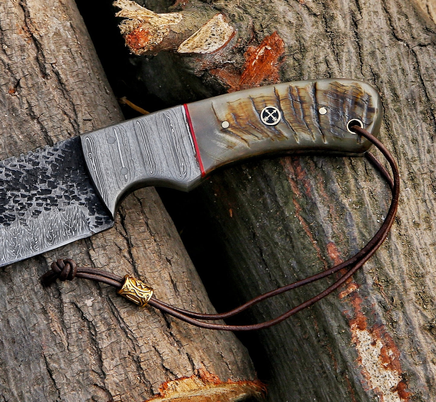 Custom Handmade Hammered Damascus Steel Hunting Skinning Knife