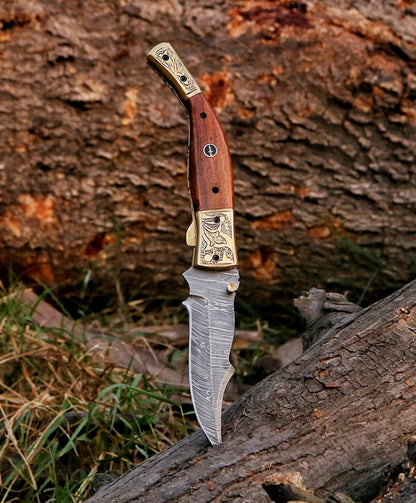 9" Damascus Steel Custom Hand Engraved Pocket Knife