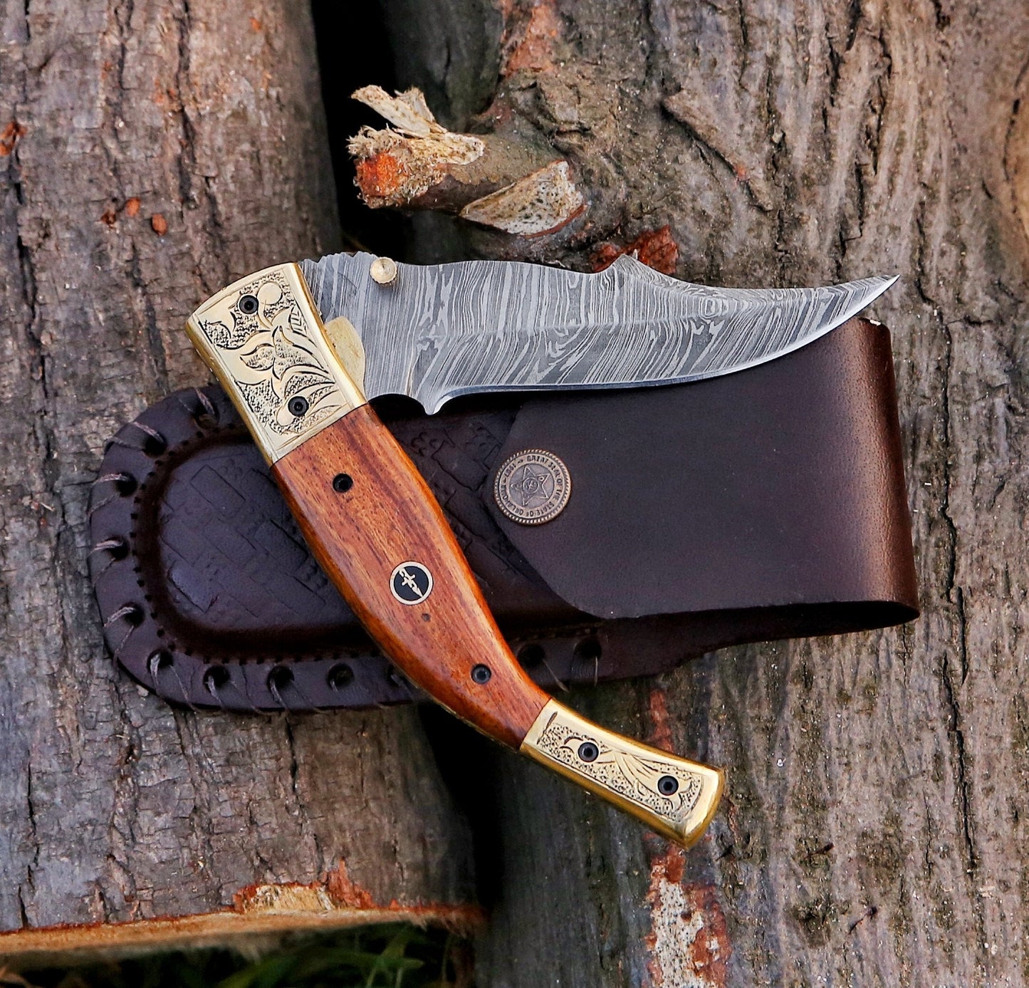 9" Damascus Steel Custom Hand Engraved Pocket Knife