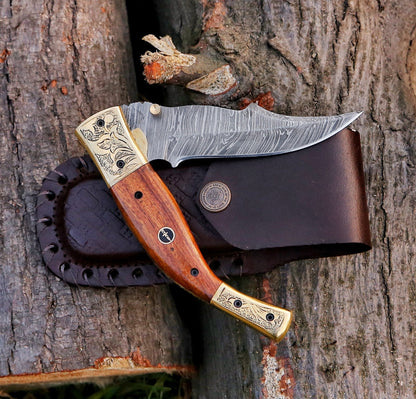 9" Damascus Steel Custom Hand Engraved Pocket Knife