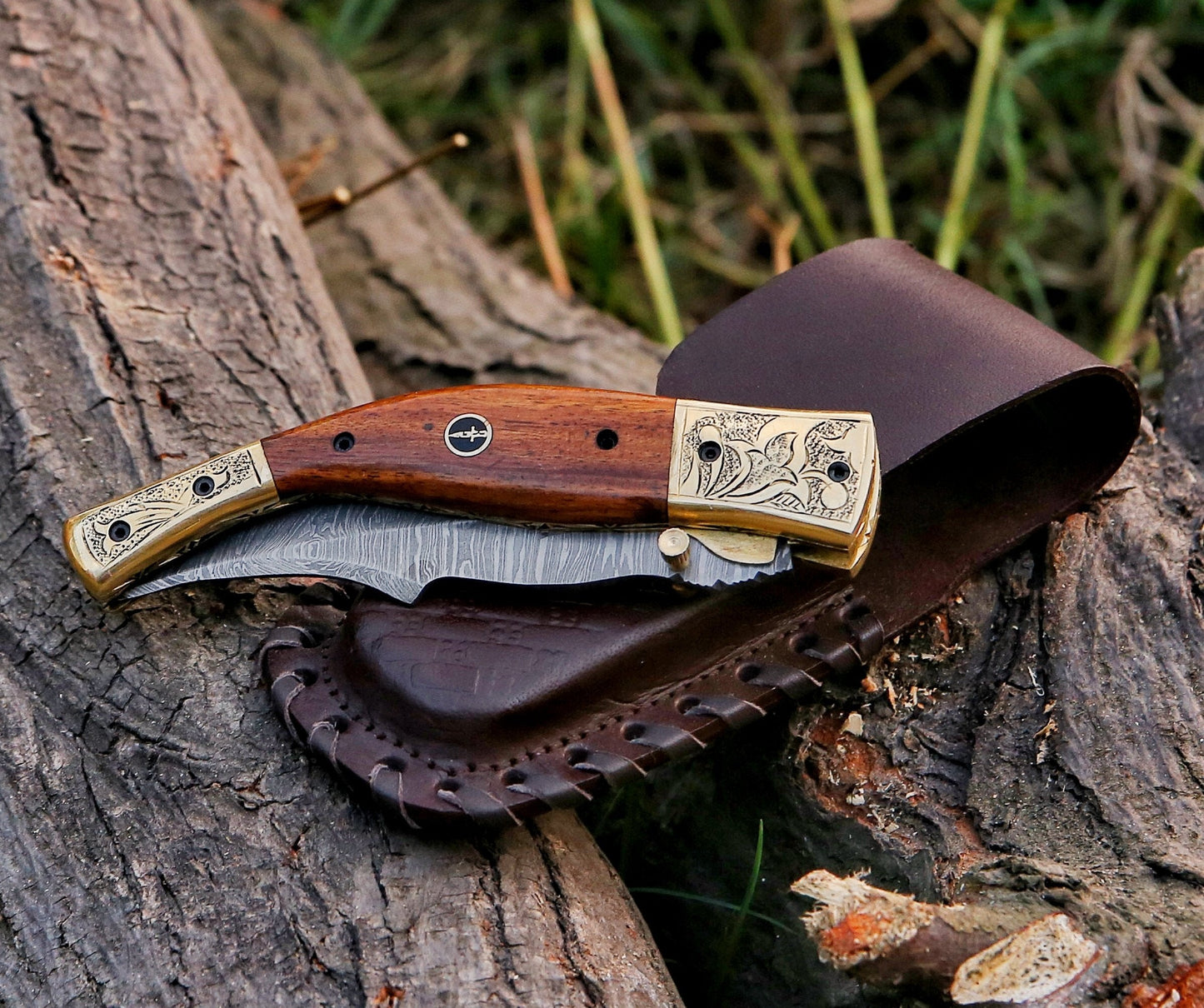9" Damascus Steel Custom Hand Engraved Pocket Knife
