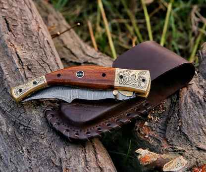 9" Damascus Steel Custom Hand Engraved Pocket Knife