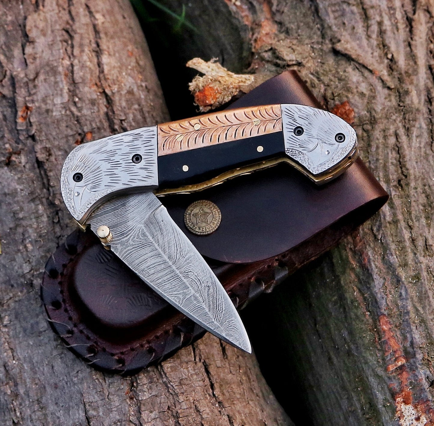8" Damascus Steel Custom Hand Engraved Folding Pocket Knife