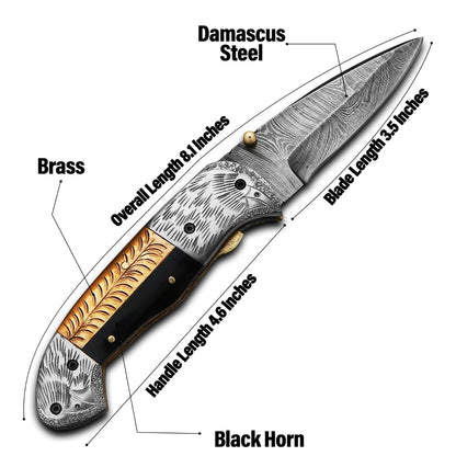 8" Damascus Steel Custom Hand Engraved Folding Pocket Knife